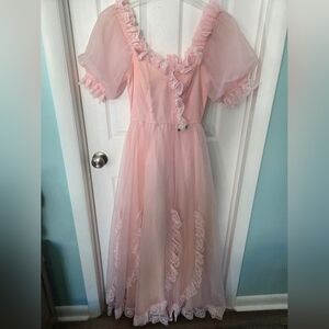Vintage Regencycore Fairy Sheer Organza Puff Sleeve Ruffle Lace Dress